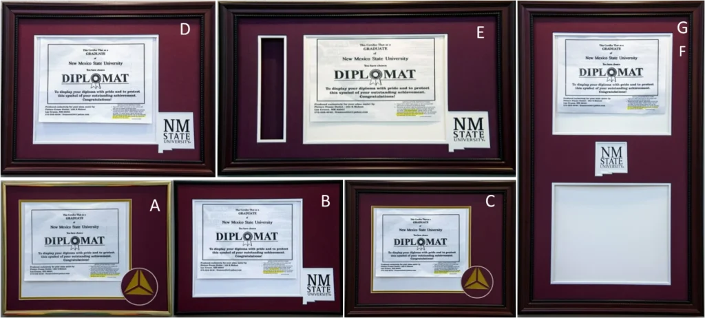 A display of the different diploma frame types with their corresponding letters.